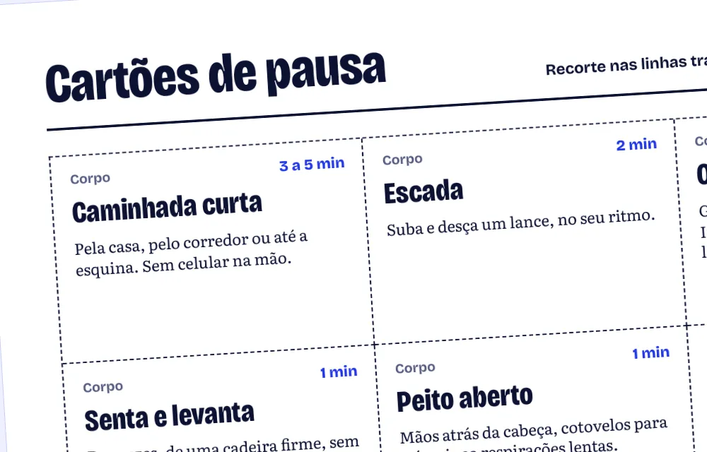A folha dos cartões de pausa: caminhada curta, escada, senta e levanta, peito aberto