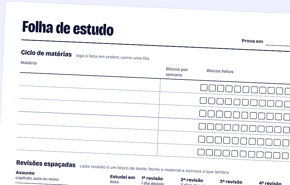 A folha de estudo, com o ciclo de matérias e o quadro de revisões espaçadas