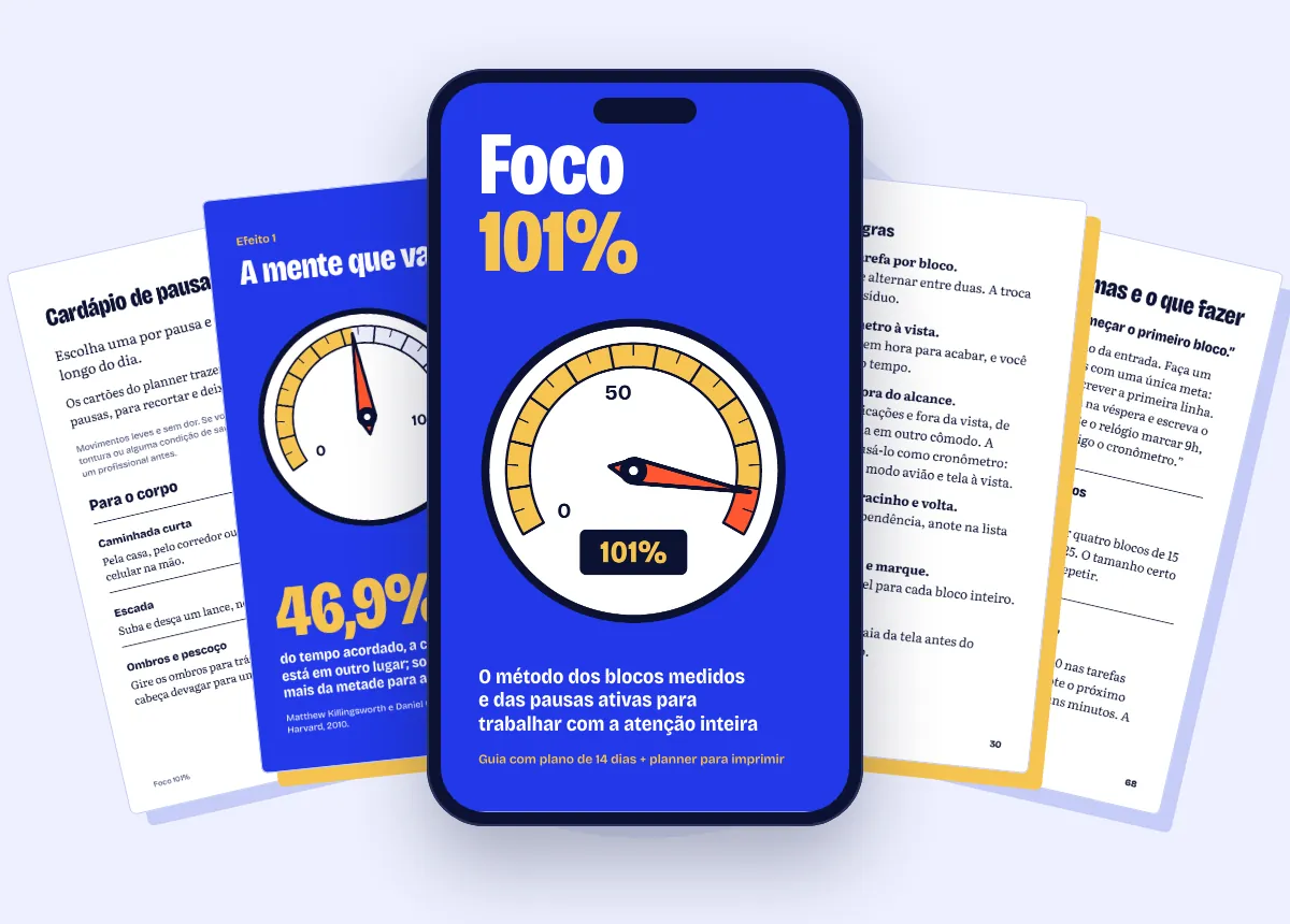 A capa do guia Foco 101% na tela de um celular, com quatro páginas de dentro ao fundo