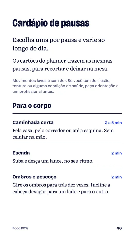 Página do guia: cardápio de pausas