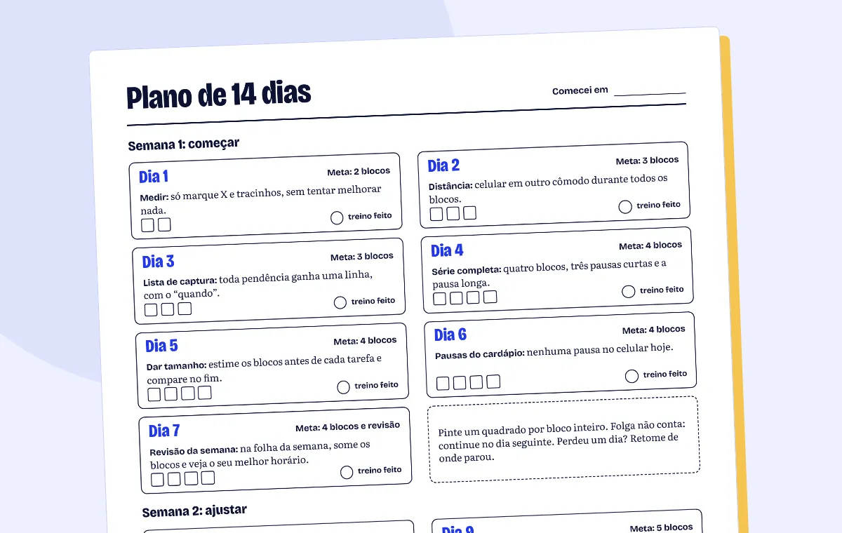 A folha do plano de 14 dias: cada dia com a meta de blocos, o treino e os quadrados para pintar